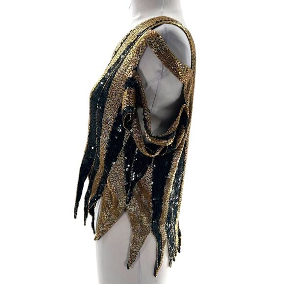 Vintage Swee Lo silk sequin beaded top gold black sz S - Picture 2 of 6
